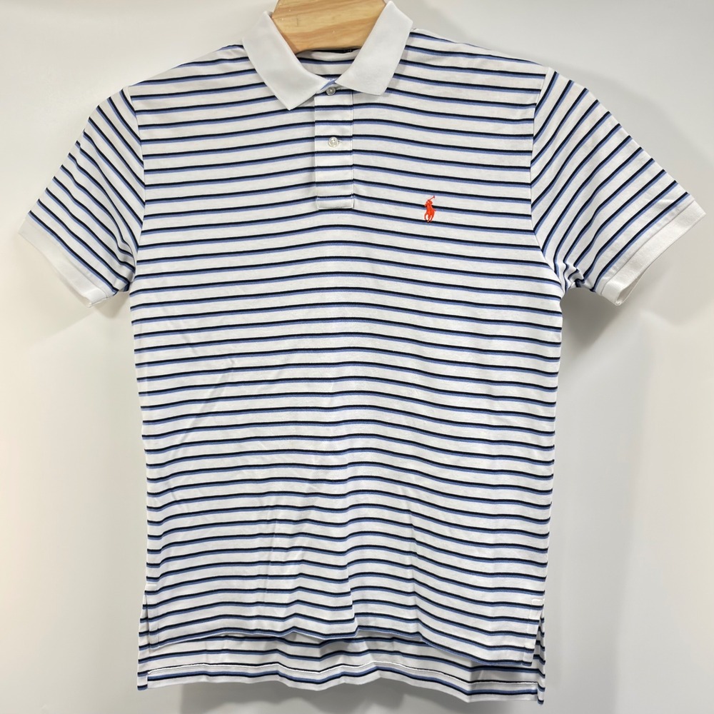 Polo Ralph Lauren Shirt Men's Large White Blue Stripe Soft Ringer Polo - Picture 4 of 6
